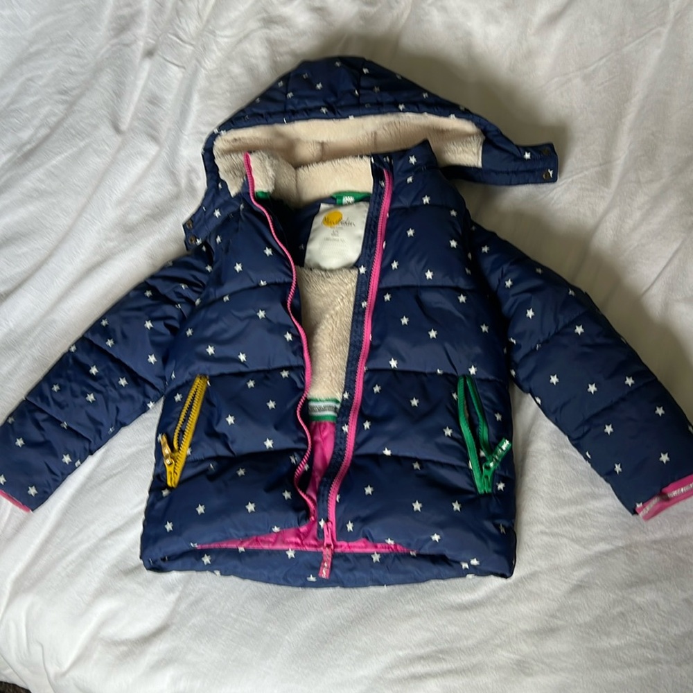 Mini Boden Navy Star Puffer Jacket with Bright Trim